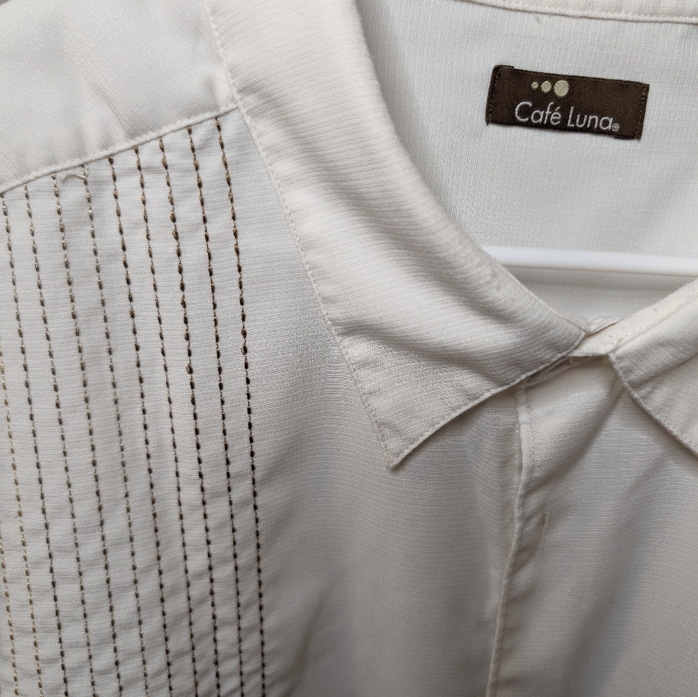 White cigar shirt with multi-brown embroidered stripes
